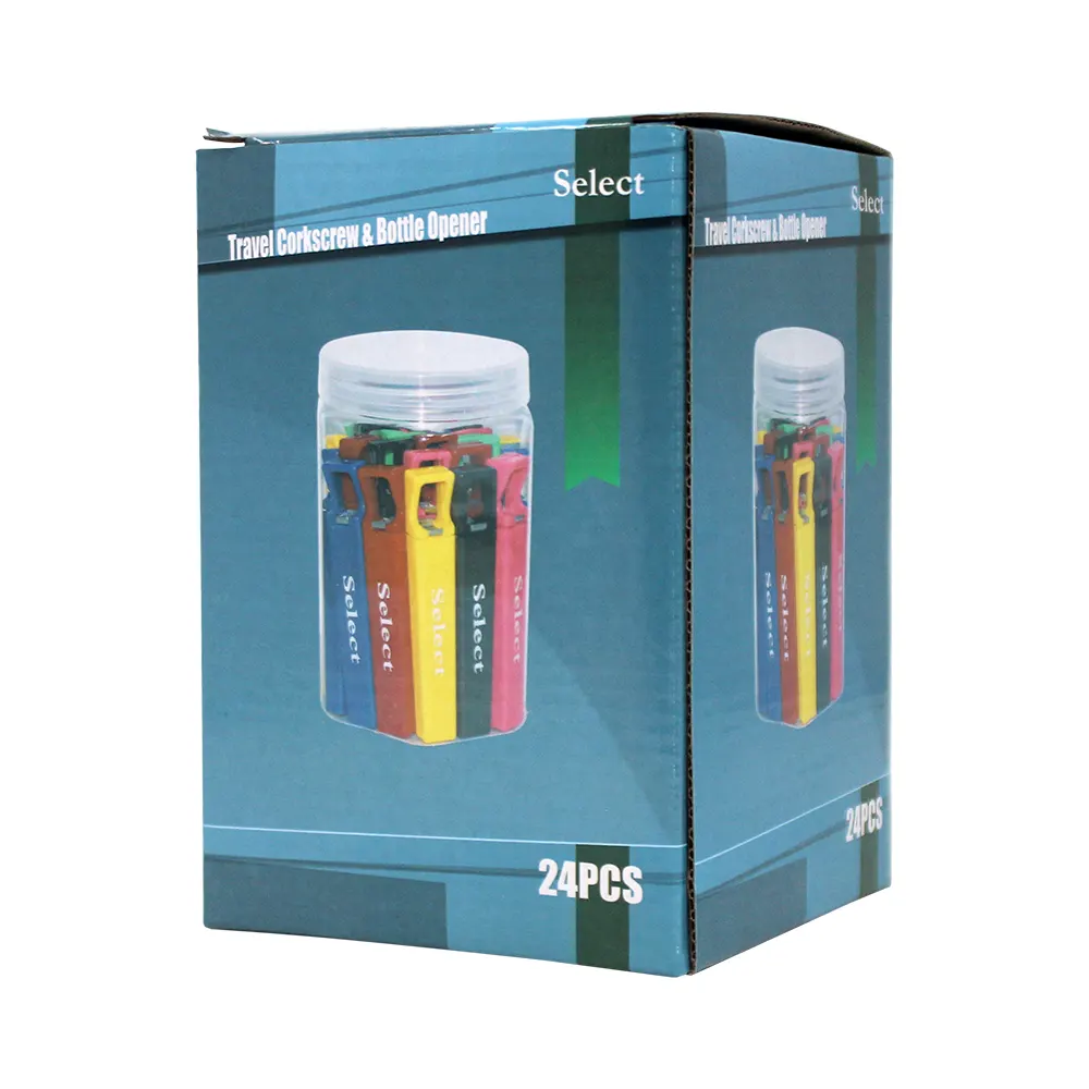 TRAVEL CORKSCREW & BOTTLE OPENER PVC BOX 24PCS